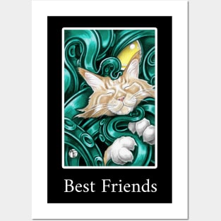 Cthulhu and Ginger Cat Friend - Best Friends - White Outlined Version Posters and Art